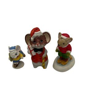 3 Christmas Mouse Figurines Ceramic Skier Ice Skater Xmas Collectible